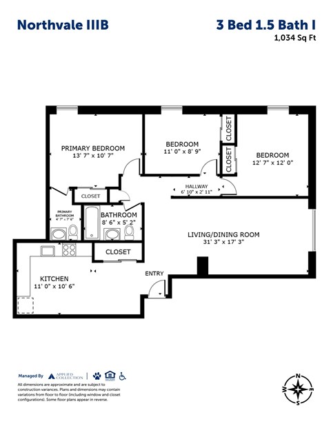 Floor plan for 3 beds, 1.5 baths, 1034 sqft